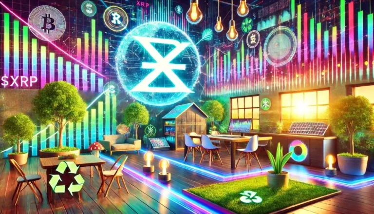 “A digital scene showing the world of cryptocurrency with $XRP To$5, featuring futuristic charts, a stylish home makeover, and an eco-friendly garden.”