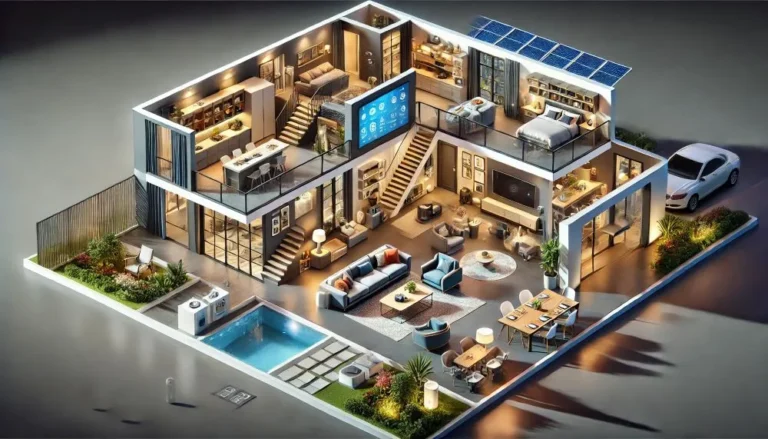 "3D isometric view of a modern smart home with detailed floor plans, showcasing open-concept living spaces, bedrooms, and outdoor areas."