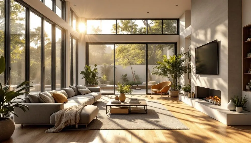 "Sunlit modern living room with open floor plans, large glass windows, and lush indoor plants."