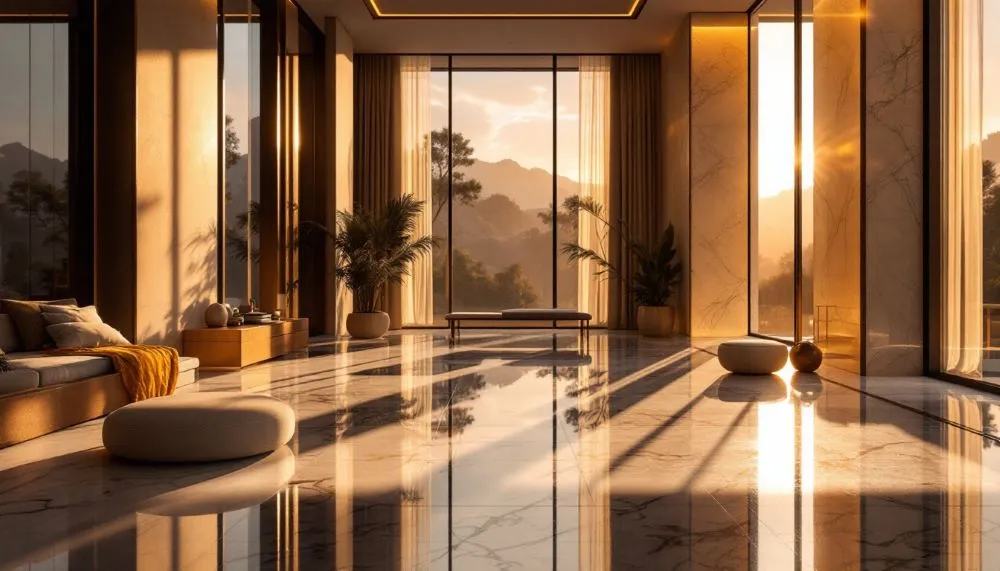"Sunlit modern living room with open floor plans, large glass windows, and lush indoor plants."