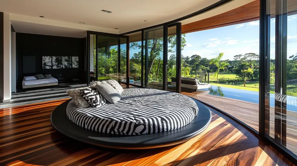 "Luxurious bedroom with curved floor plans, a round bed, floor-to-ceiling glass doors, and a view of the outdoor greenery."