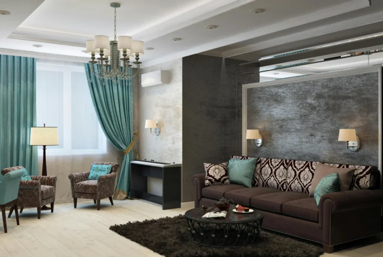 “Modern living room interior with elegant teal curtains, patterned sofa, and warm lighting, used as a visual inspiration for budget-friendly décor ideas inspired by the $XRP to $5 trend.”