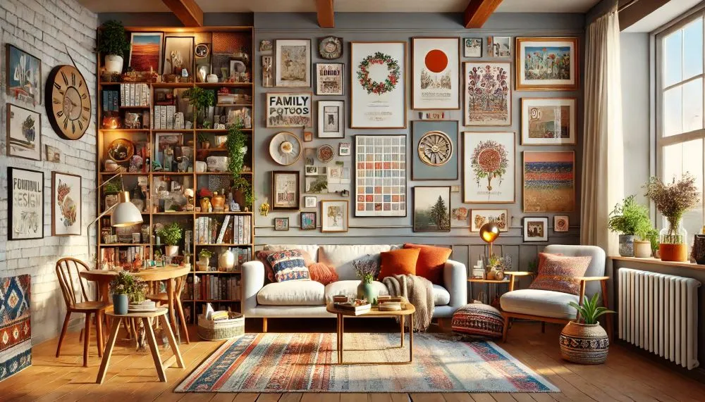 A warm and eclectic living space in home featuring a gallery wall of artwork and family mementos, paired with cozy seating and natural accents. The room exudes charm with its layered textures and personalized details.