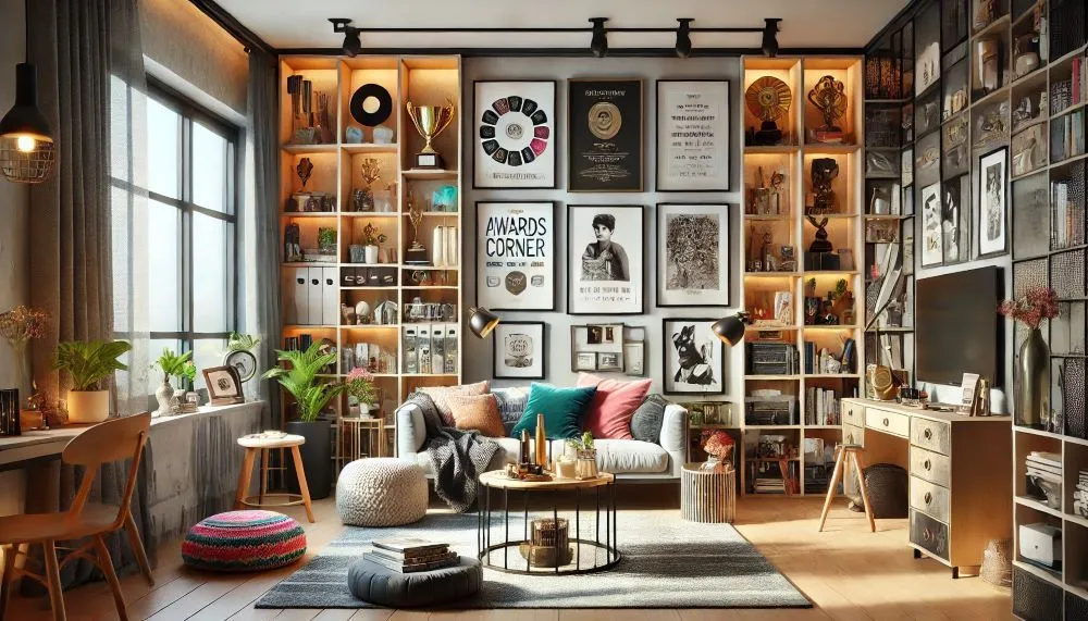 A cozy and creative living space in your home featuring a gallery wall of awards and art, complemented by warm shelving displays. The room blends personal touches with functional design for a unique atmosphere.