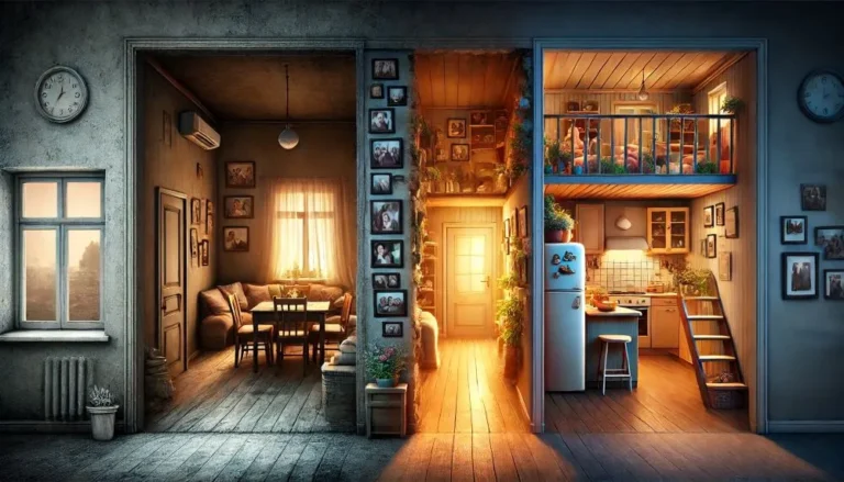 A dim, empty Home transitioning into a warm, cozy home filled with family photos, soft lighting, and the essence of belonging.