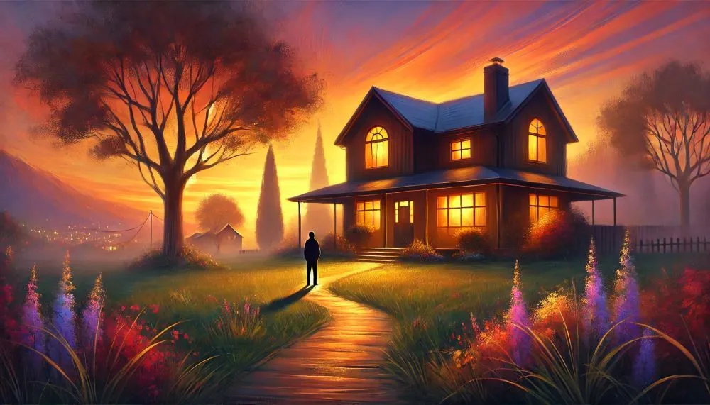 A warm, glowing home at sunset with a solitary figure gazing at it, symbolizing comfort and belonging home.