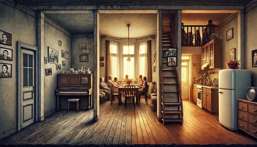 An empty, lonely homestead transforming into a warm home filled with family photos, home-cooked meals, and cherished memories.
