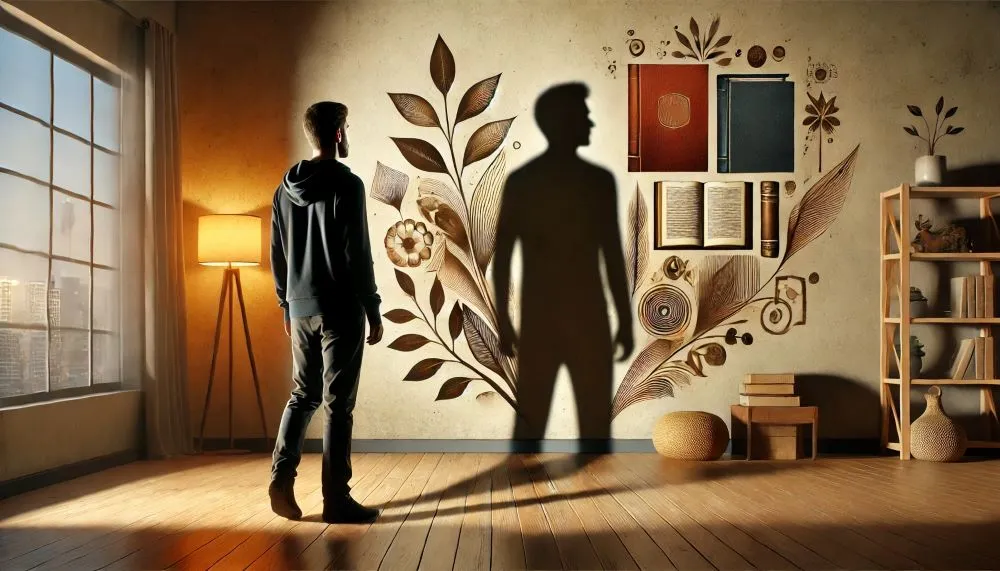 A man stands in a dimly lit room in his home , his shadow stretching across the walls, transforming into symbolic elements like books, art, and cultural motifs, representing his identity.