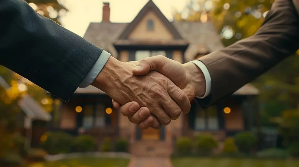 Handshake in front of a home, symbolizing trust and commitment in homeset psychology."