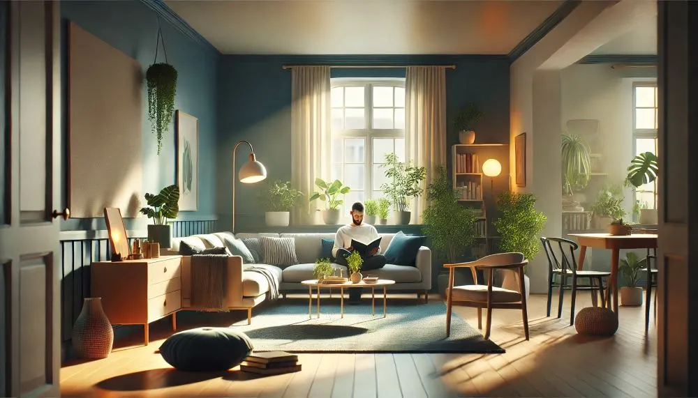 "Cozy living space with natural light and plants, reflecting homeset psychology of comfort and well-being."