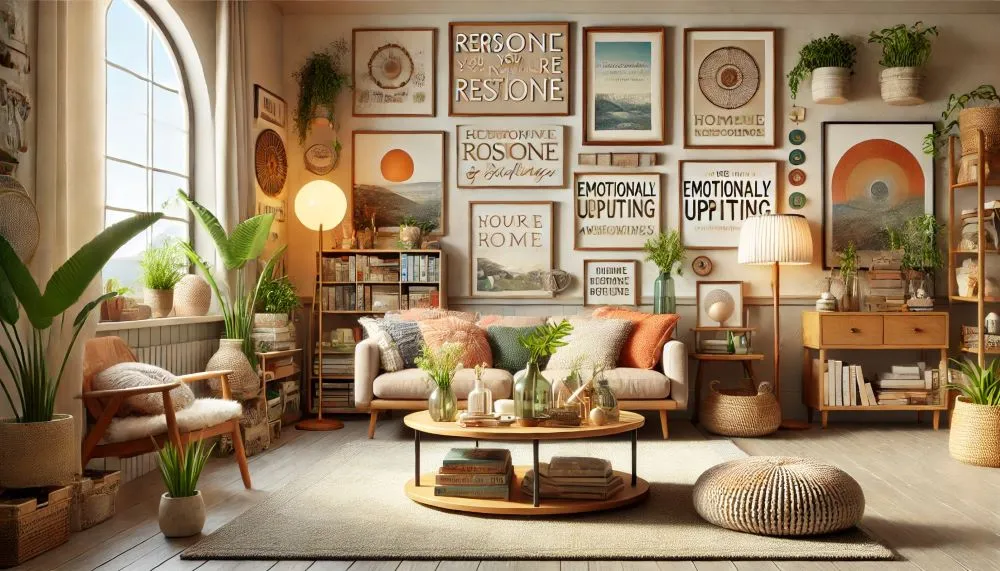 "Warm, nature-inspired living space with positive affirmations, embodying homeset psychology of emotional upliftment."