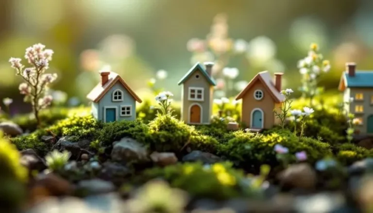 "Miniature garden houses surrounded by lush greenery and tiny flowers."