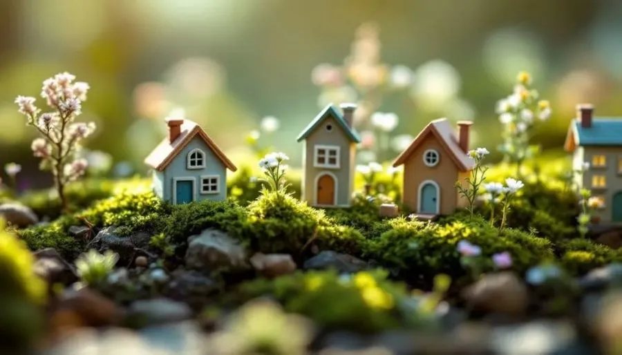 "Miniature garden houses surrounded by lush greenery and tiny flowers."