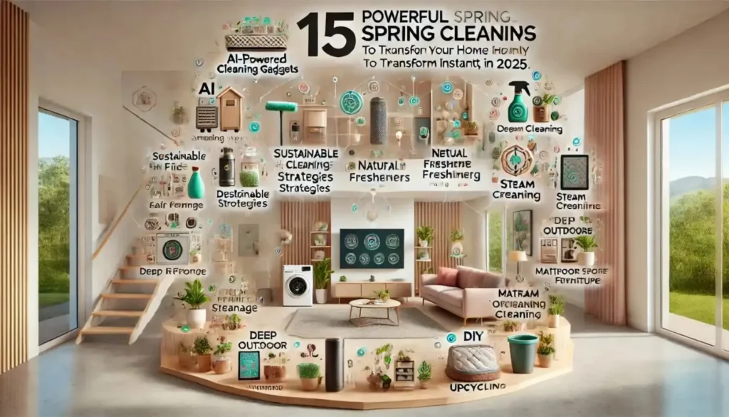An infographic showcasing 15 powerful spring cleaning tips for 2025, featuring AI cleaning gadgets, sustainable products, decluttering, air purifiers, and smart storage solutions.
