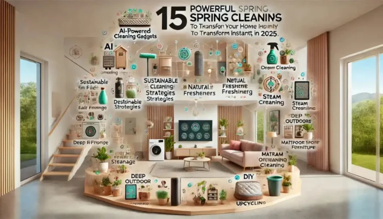 An infographic showcasing 15 powerful spring cleaning tips for 2025, featuring AI cleaning gadgets, sustainable products, decluttering, air purifiers, and smart storage solutions.