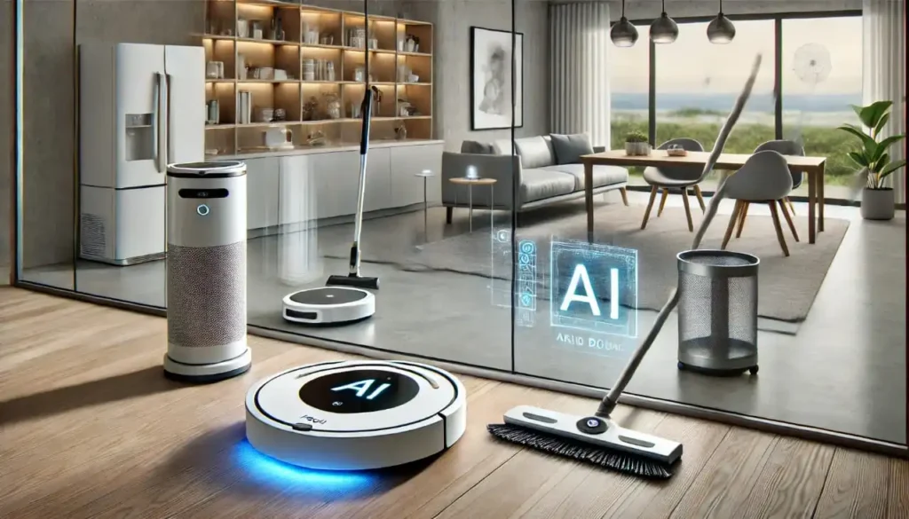 A modern smart home featuring AI-powered cleaning devices, shows spring cleaning tips including a window-cleaning robot, self-emptying robotic vacuums, and a self-adjusting air purifier with real-time air quality sensors.