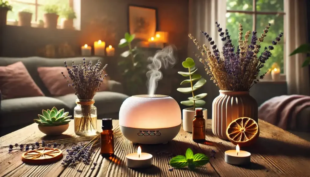 Alt text: A cozy home setting with an essential oil diffuser, soy candles, and dried lavender, citrus, peppermint, and eucalyptus, creating a relaxing aromatherapy atmosphere.
