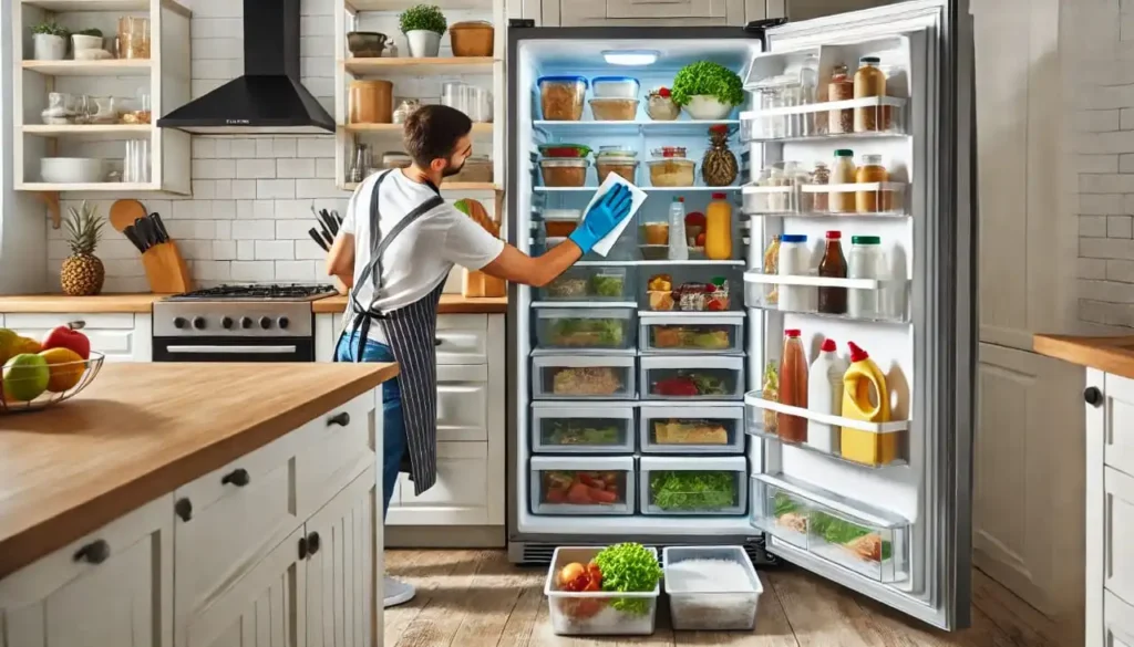 Alt text: A clean and well-organized refrigerator with clear food containers, while a person wipes the interior, promoting kitchen hygiene and freshness. spring cleaning tips