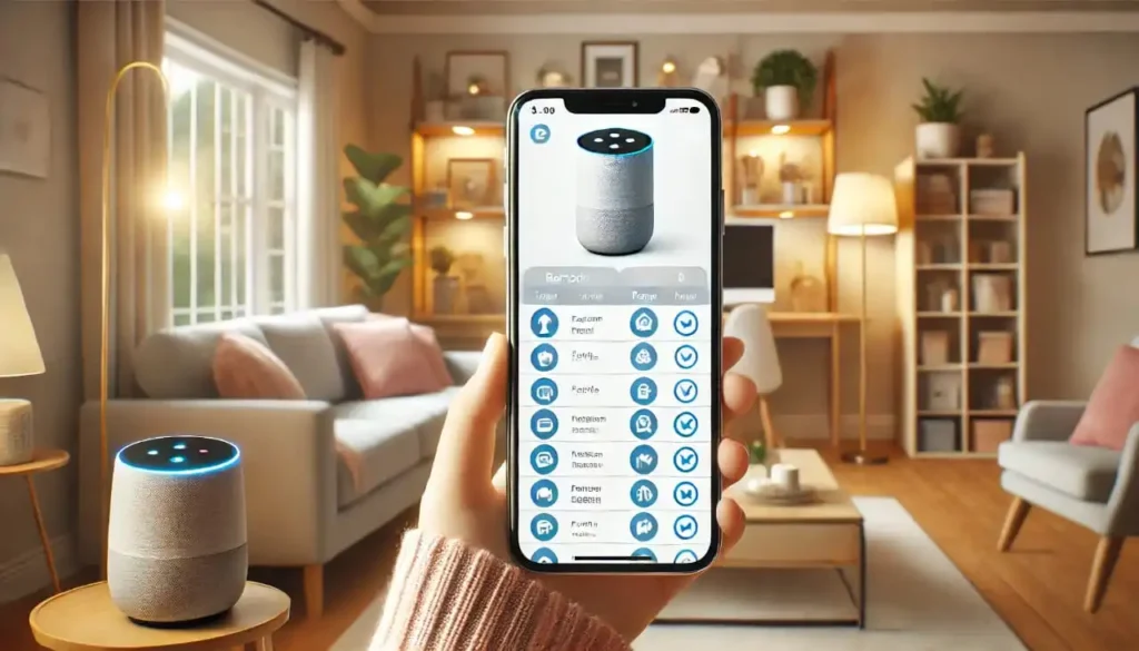 Alt text: A smartphone displaying a home management app with spring cleaning tips schedules and task reminders, set against a tidy living room with a smart speaker on a shelf.