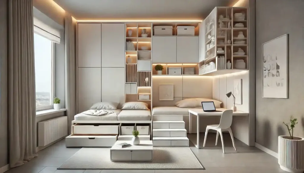 Alt text: A modern living room with space-saving furniture, including a foldable table, modular shelving, a bed with storage drawers, and a wall-mounted desk with a stackable chair.
spring cleaning tips