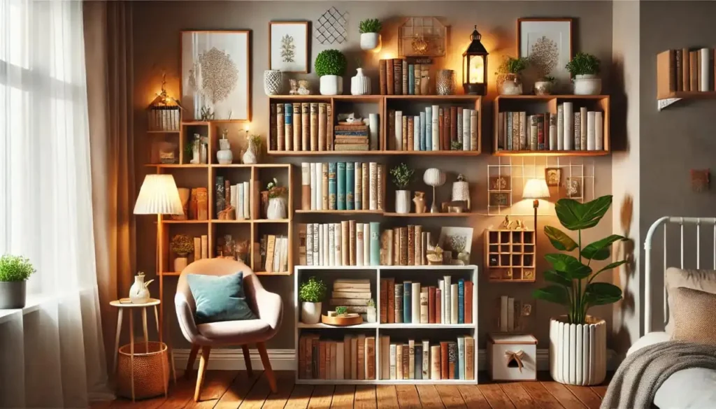 Alt text: A stylish bookshelf with neatly arranged books, decorative bookends, small plants, and framed pictures in a cozy reading nook with warm lighting.
spring cleaning tips
