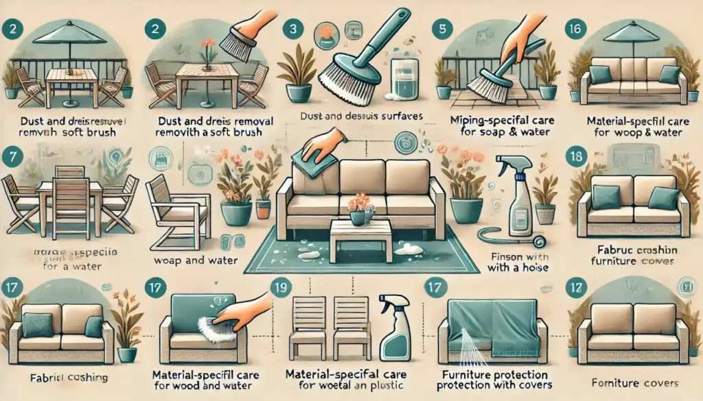 Alt text: An infographic detailing outdoor furniture cleaning steps with icons for dust removal, washing, material-specific care, cushion cleaning, rinsing, and protection.
spring cleaning tips