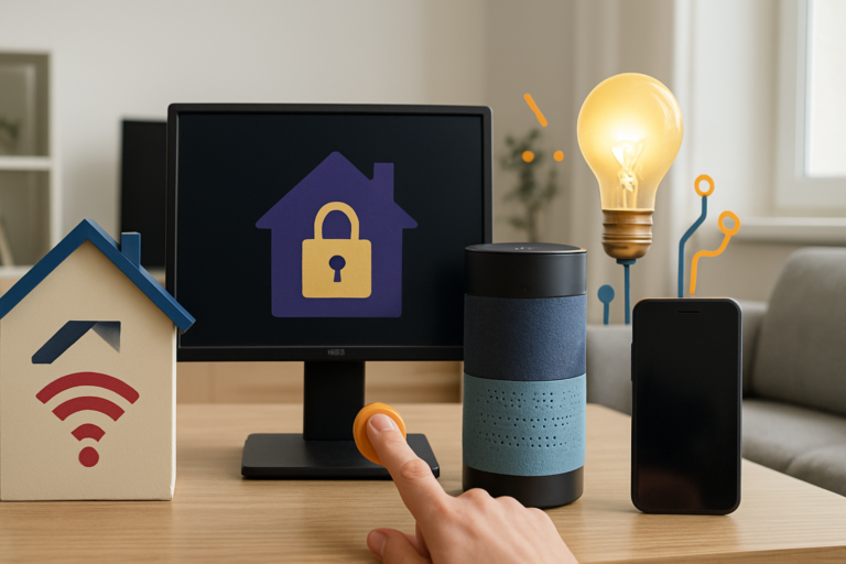 "A modern home interior showcasing home tech in 2025, including a Wi-Fi-enabled model house, a smart speaker, a glowing light bulb, a smartphone, and a computer monitor with a secure smart home icon, all arranged neatly on a wooden table in a bright living room."