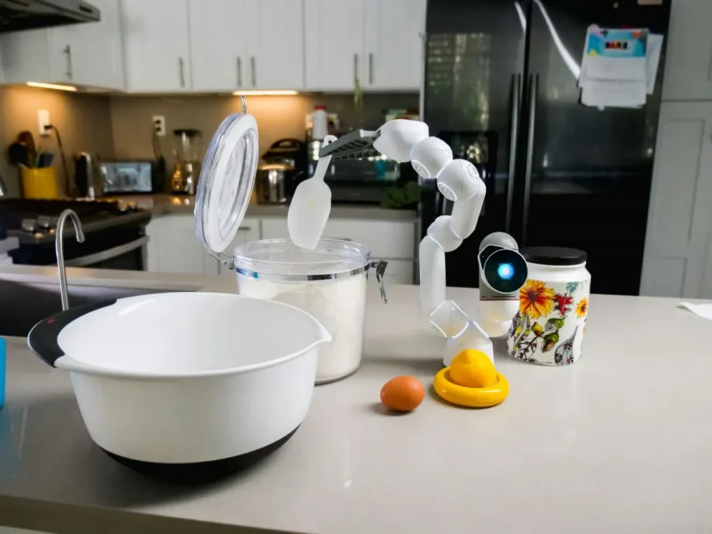 An AI-powered robotic arm prepares ingredients in a modern kitchen, scooping flour into a bowl beside an egg and citrus juicer.