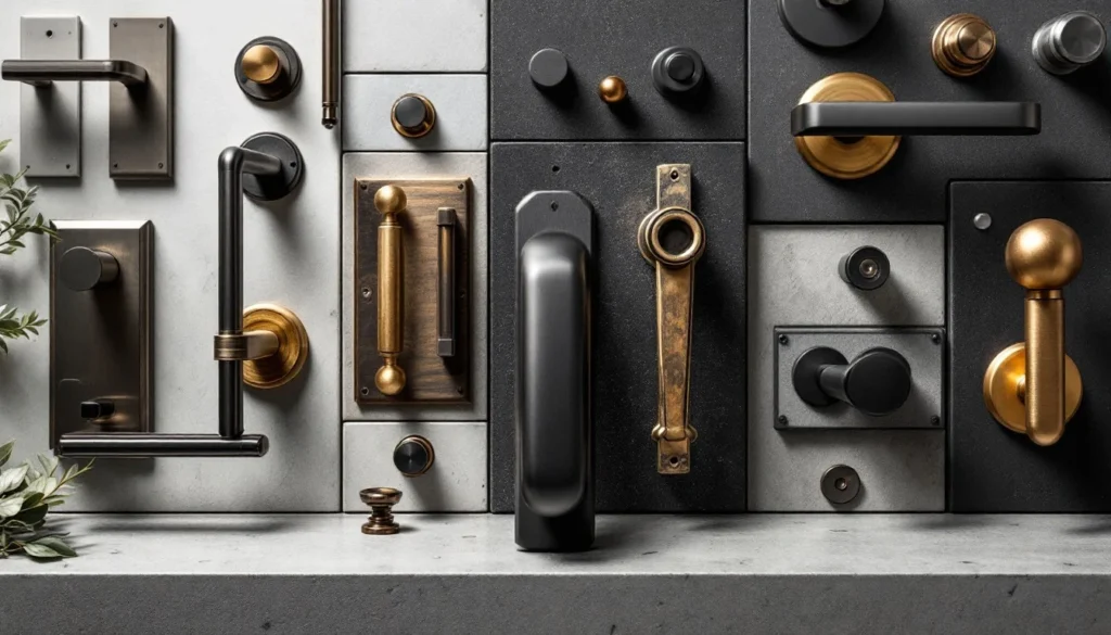 A stylish display of assorted cabinet hardware in various finishes, including brass, black, and bronze handles, knobs, and pulls arranged on a textured wall.
