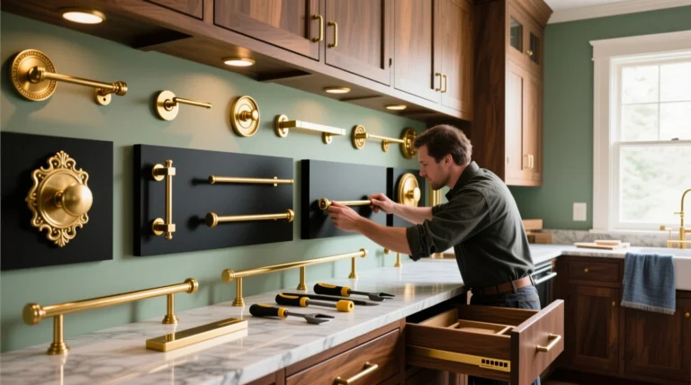A man installing elegant gold cabinet hardware in a modern kitchen with wooden cabinets, green walls, and marble countertops.