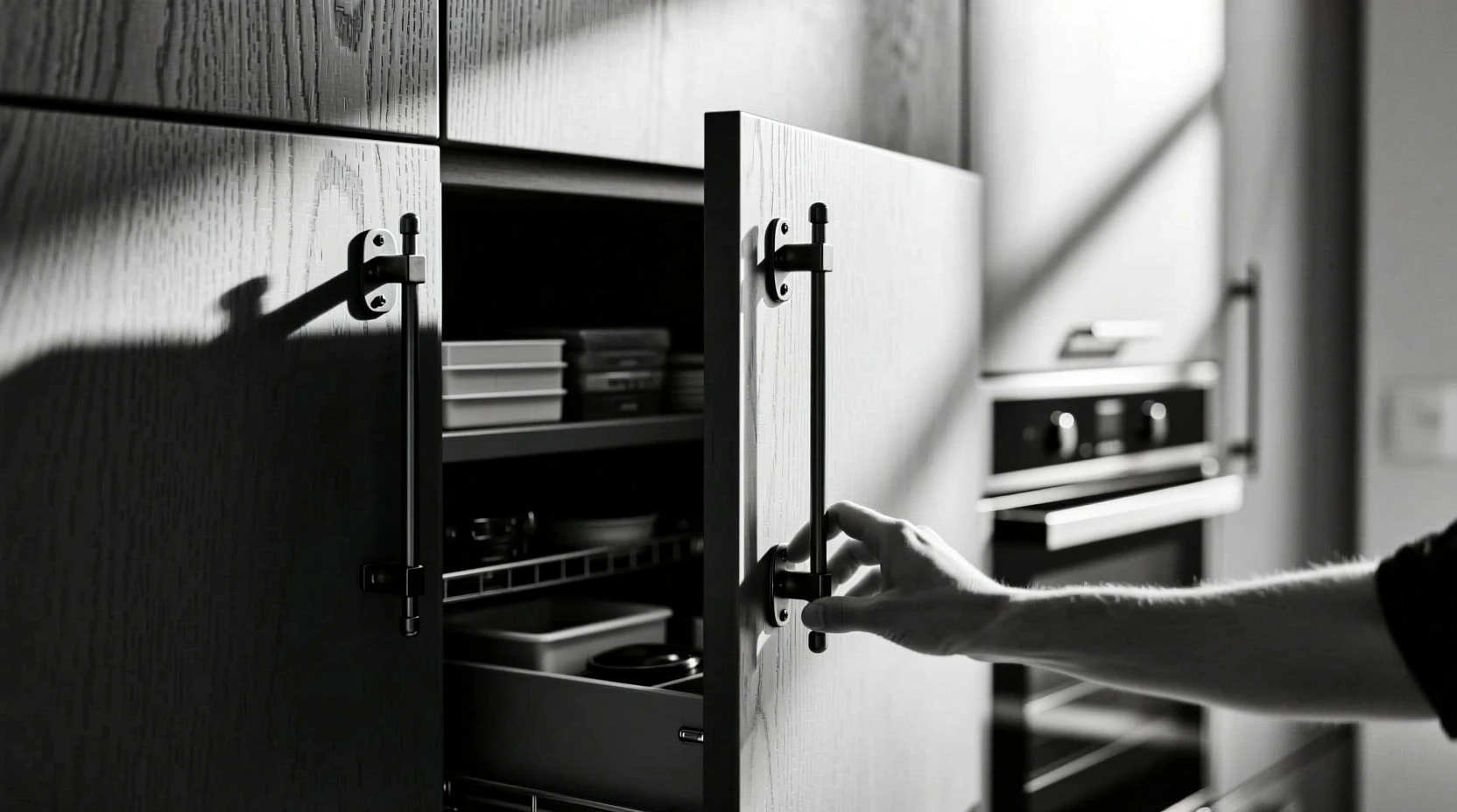 A person opens a kitchen cabinet fitted with sleek black cabinet hardware, revealing organized shelves inside in a modern interior.