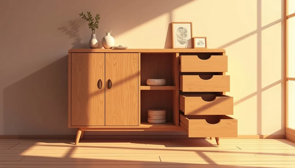 A wooden side cabinet with drawers featuring simple cabinet hardware, decorated with vases and framed artwork in warm natural sunlight.