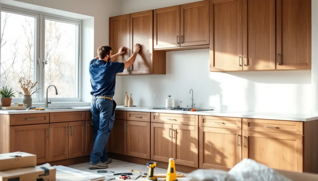 A man installs new cabinet hardware on wooden kitchen cabinets, surrounded by tools and boxes in a bright modern kitchen.