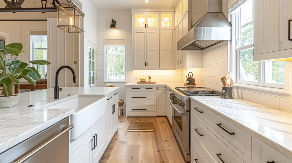 Modern kitchen with white cabinets, black cabinet hardware, marble countertops, stainless steel appliances, and wooden flooring under warm natural light.