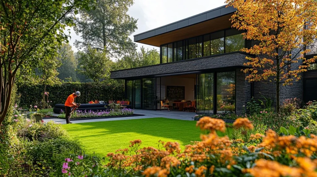 Modern home with a lawn reflecting USA garden trends , as a person tends the garden.