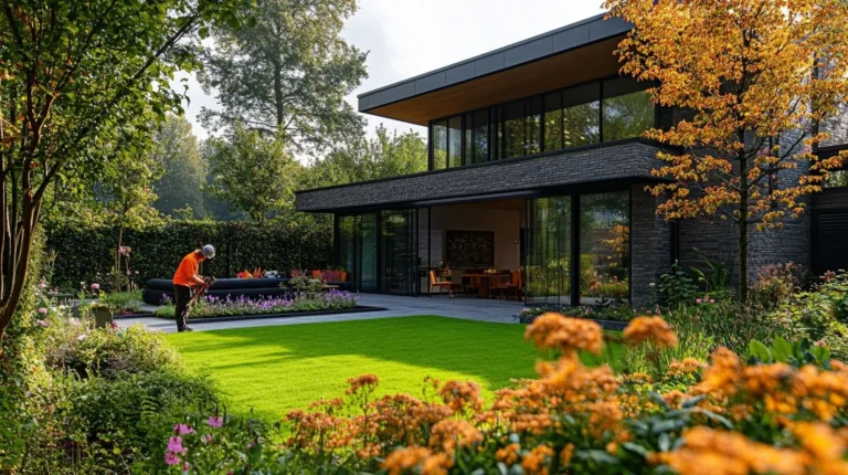 Modern home with a lawn reflecting USA garden trends , as a person tends the garden.