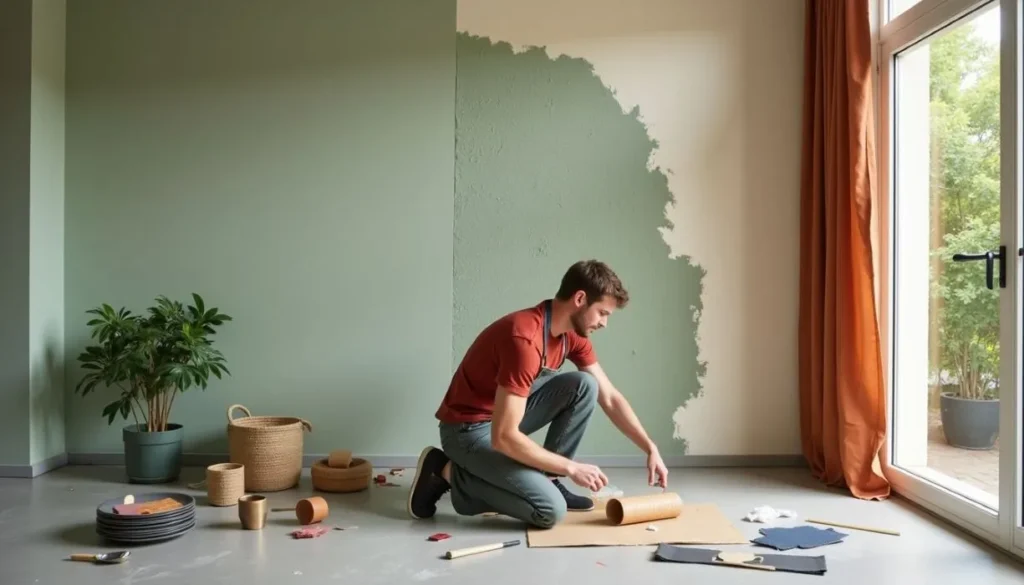 A man works on a DIY home decor project in an American-style living room with partially painted green walls.