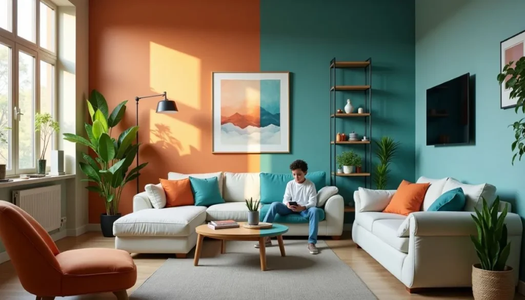 A stylish American living room features bold two-tone walls, cozy white sofas, and vibrant decor with a boy sitting and using a tablet.