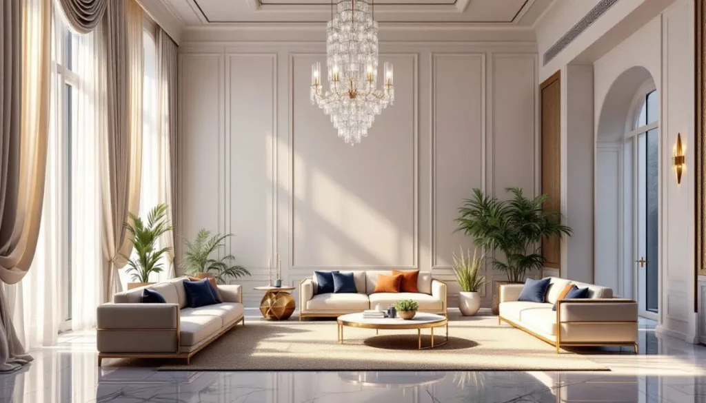 give me one line alt text of this'
ChatGPT said:
A luxurious American living room showcases elegant white sofas, a grand crystal chandelier, and sophisticated decor with tall windows and indoor plants.