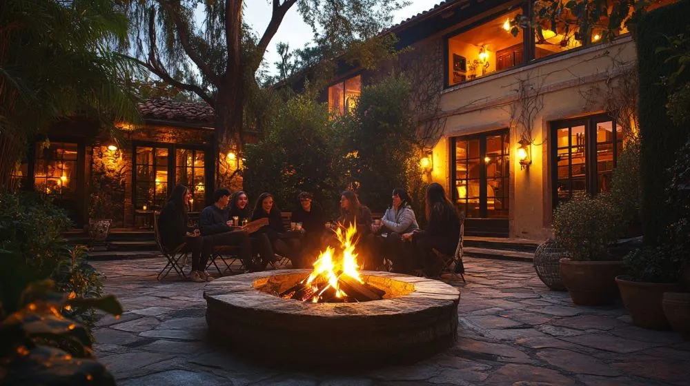 A cozy outdoor gathering around glowing fire pit in a beautifully lit patio setting.