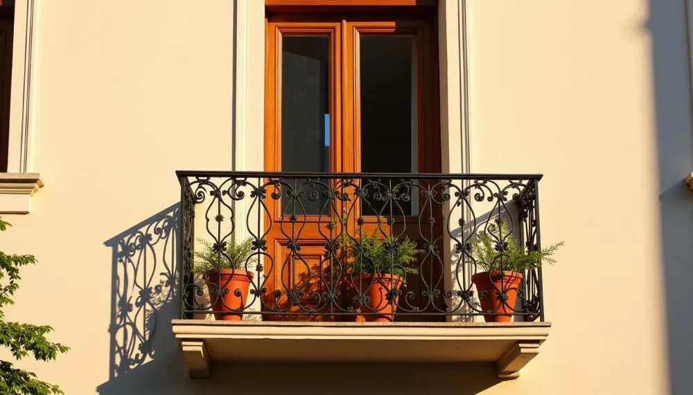 A small balcony with decorative black railing and potted plants in front of a wooden door.