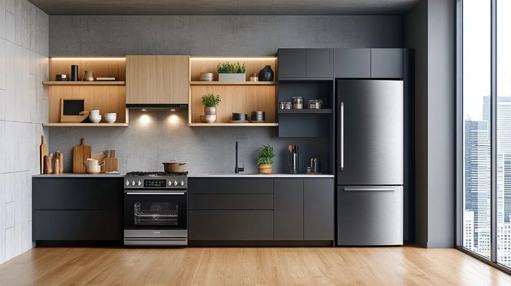 A modern kitchen interior featuring sleek black cabinets, wooden shelves, and stainless steel appliances.