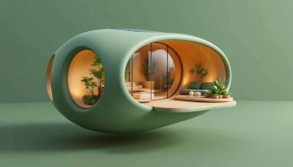 A futuristic eco-friendly pod home showcasing sustainable living in 2025 with natural lighting and indoor plants.