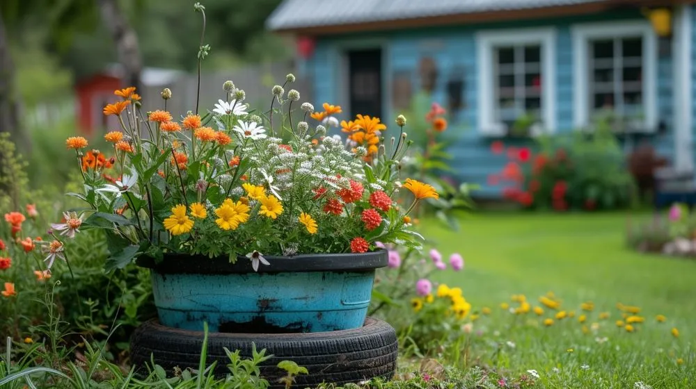 A colorful flower garden in a repurposed tire planter reflects sustainable living in 2025 through creative recycling and eco-friendly gardening.
