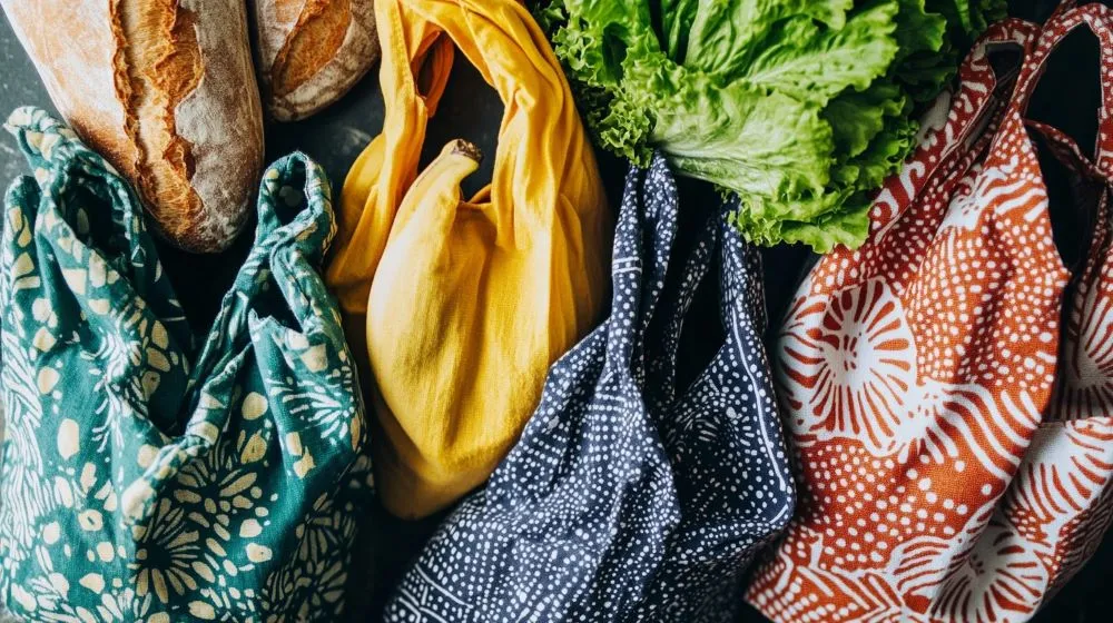 Reusable fabric bags filled with fresh produce and bread represent sustainable living in 2025 through zero-waste shopping habits.
