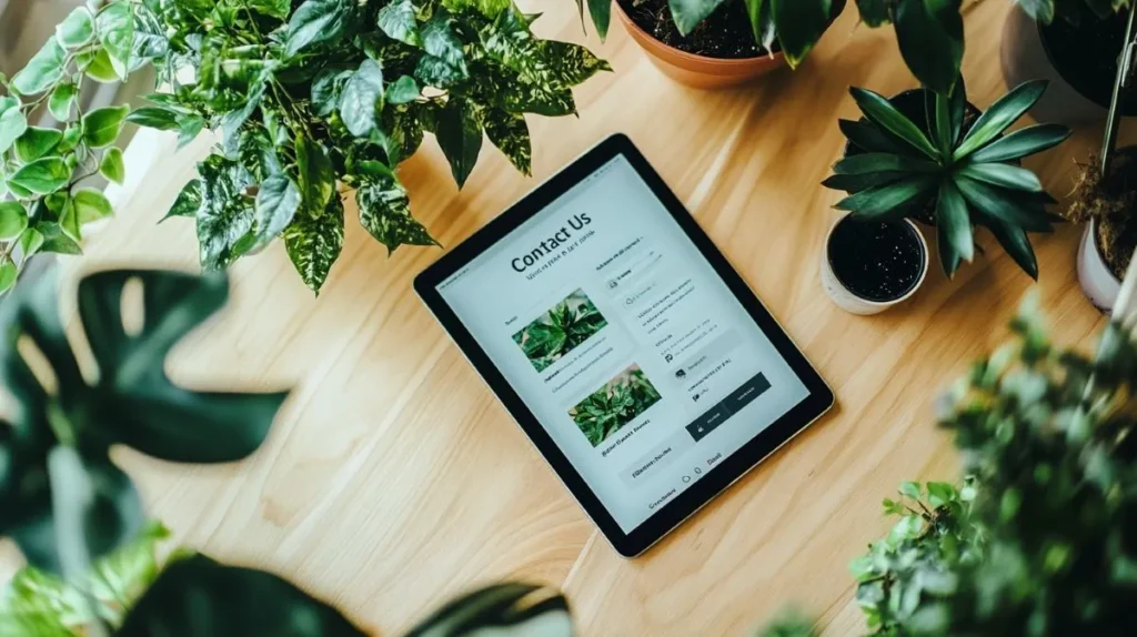 A digital tablet displaying a "Contact Us" form is placed on a light wooden table surrounded by lush green indoor plants, creating a fresh, natural, and inviting workspace atmosphere.