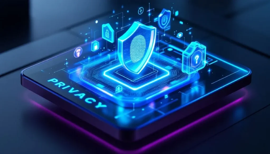 "Digital privacy shield with fingerprint icon and glowing cybersecurity symbols on a futuristic touchscreen interface."
