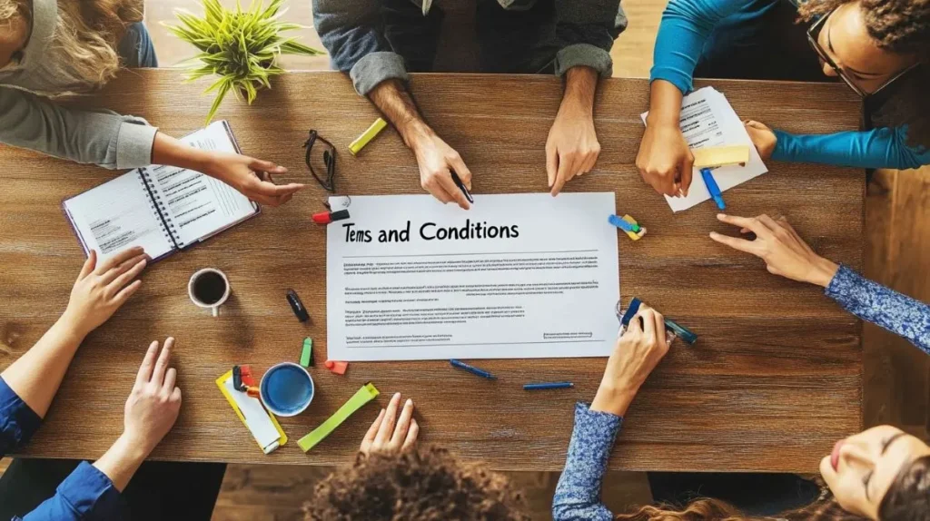 "Group of people sitting around a wooden table reviewing a document titled 'Terms and Conditions' with notebooks, pens, and coffee cups."