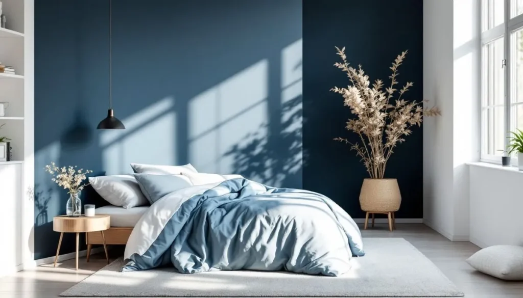 A cozy bedroom with a deep blue accent wall featuring minimalist wall art design. The space includes a low wooden bed with light blue and white bedding, soft natural lighting, and neutral-toned decor. A potted dried plant and pendant light add texture and warmth, enhancing the overall wall art appeal of the room.