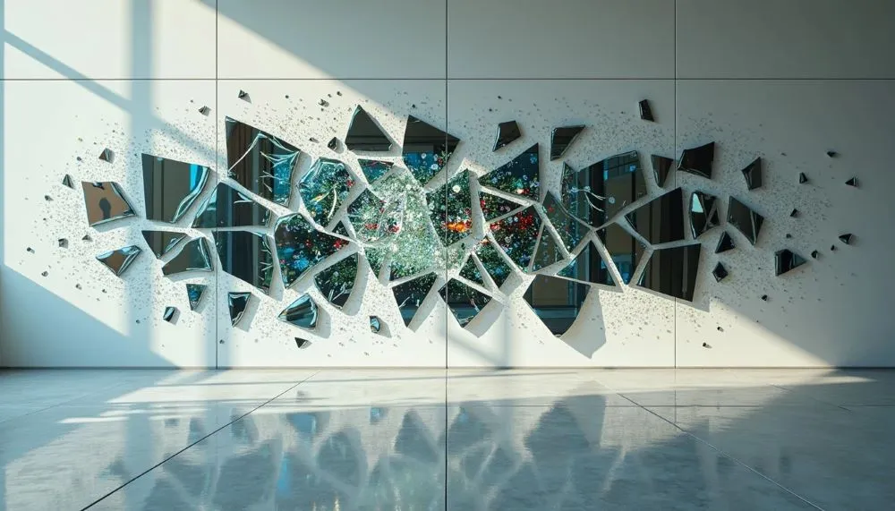 Modern wall art installation featuring shattered mirror pieces arranged in a dynamic, explosion-like pattern on a white wall, with reflections and light adding depth and contrast in a sleek, contemporary space.